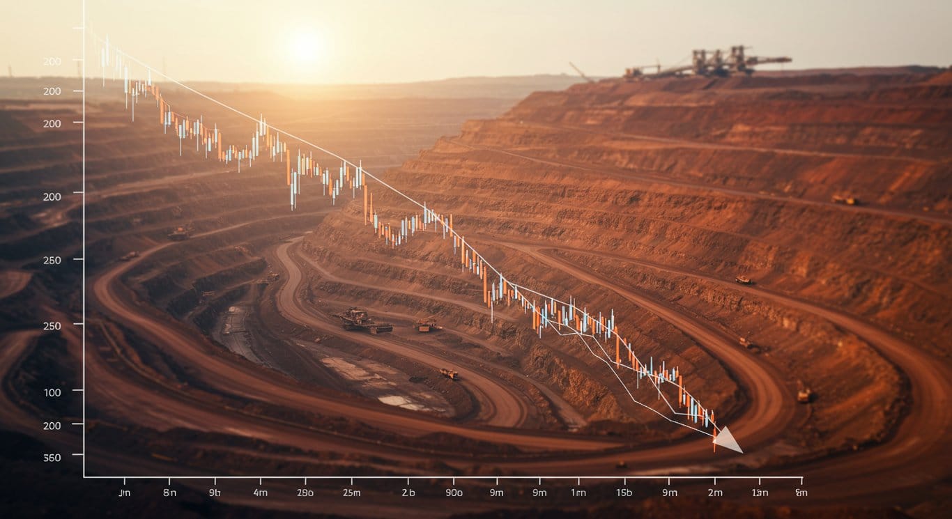 Downward trending line graph against an iron ore mine backdrop.