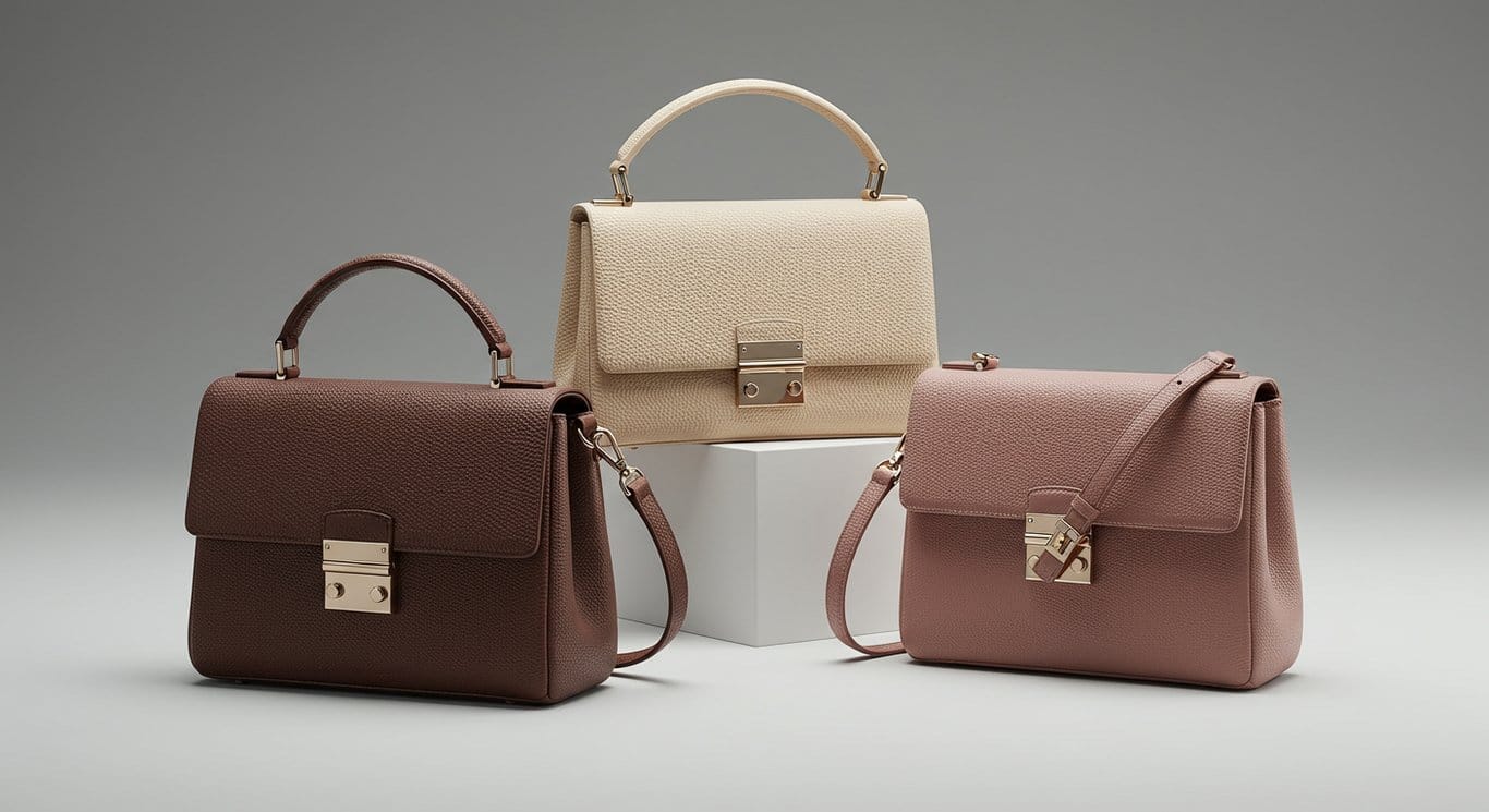 A trio of stylish luxury handbags in varying colors and designs, presented in a clean, elegant composition.