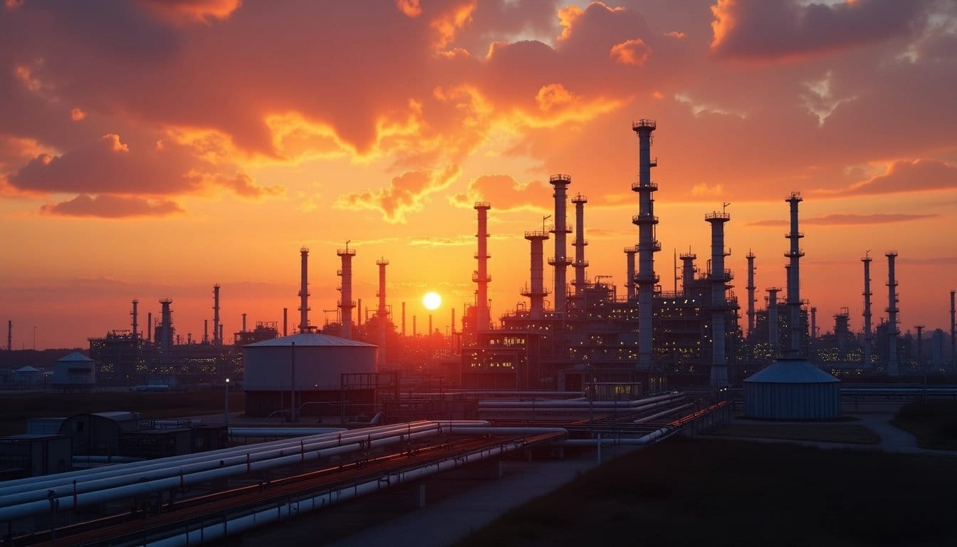 Oil refinery at sunset. Industrial landscape with vibrant sky.