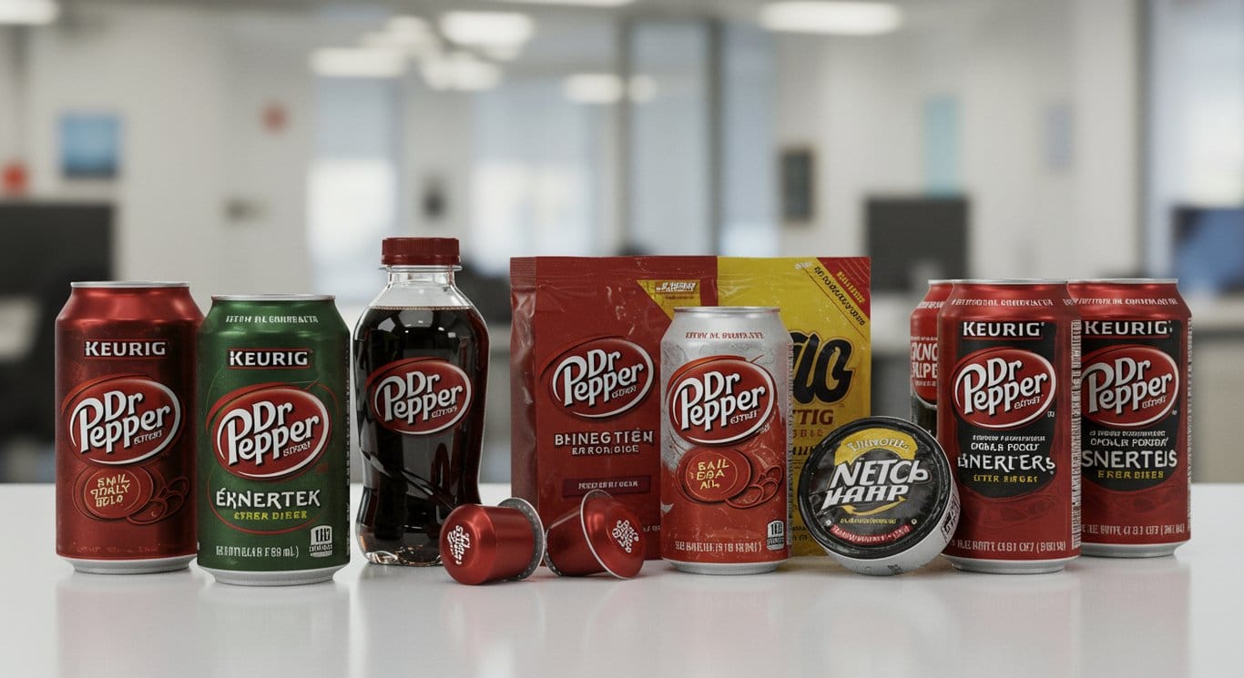 A variety of Keurig Dr Pepper products arranged on a modern surface.