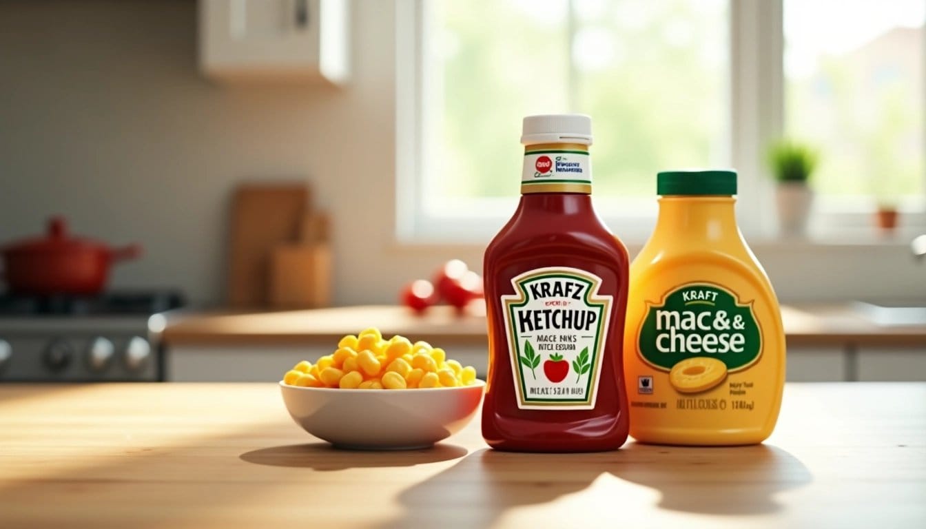 Kraft Heinz products (ketchup, mac and cheese, mayonnaise) displayed on a wooden surface in a bright kitchen.