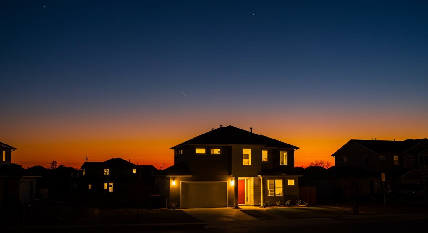 A brightly lit home stands out against a backdrop of darkened houses during a power outage.