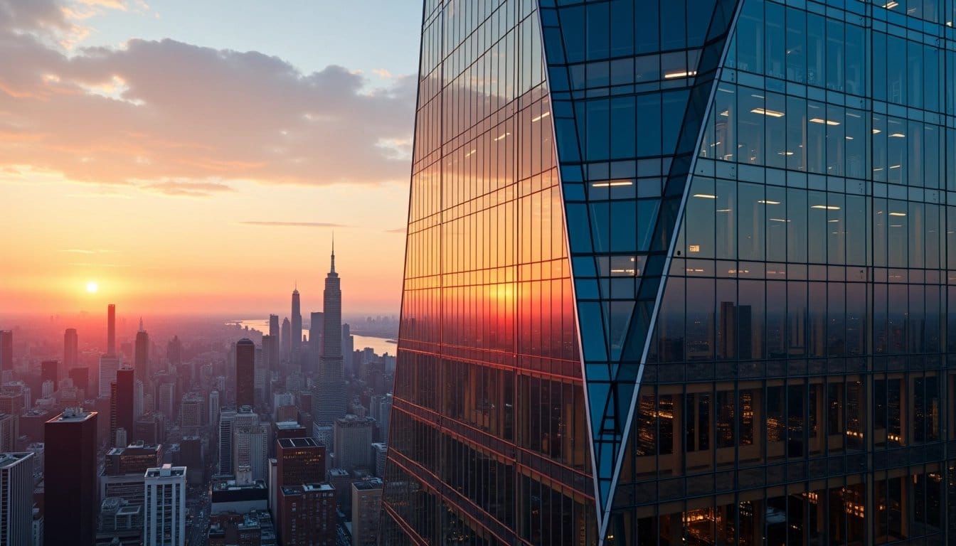 Glass skyscraper reflecting a cityscape at sunset.