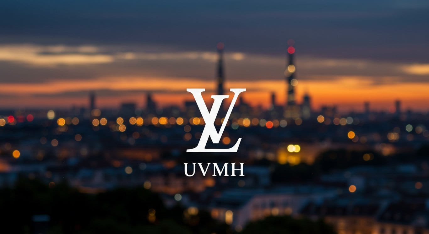 The LVMH logo overlaid on a blurred cityscape at dusk.