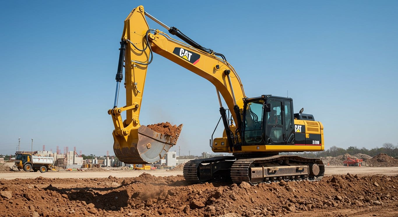 Caterpillar excavator at work on a construction site.