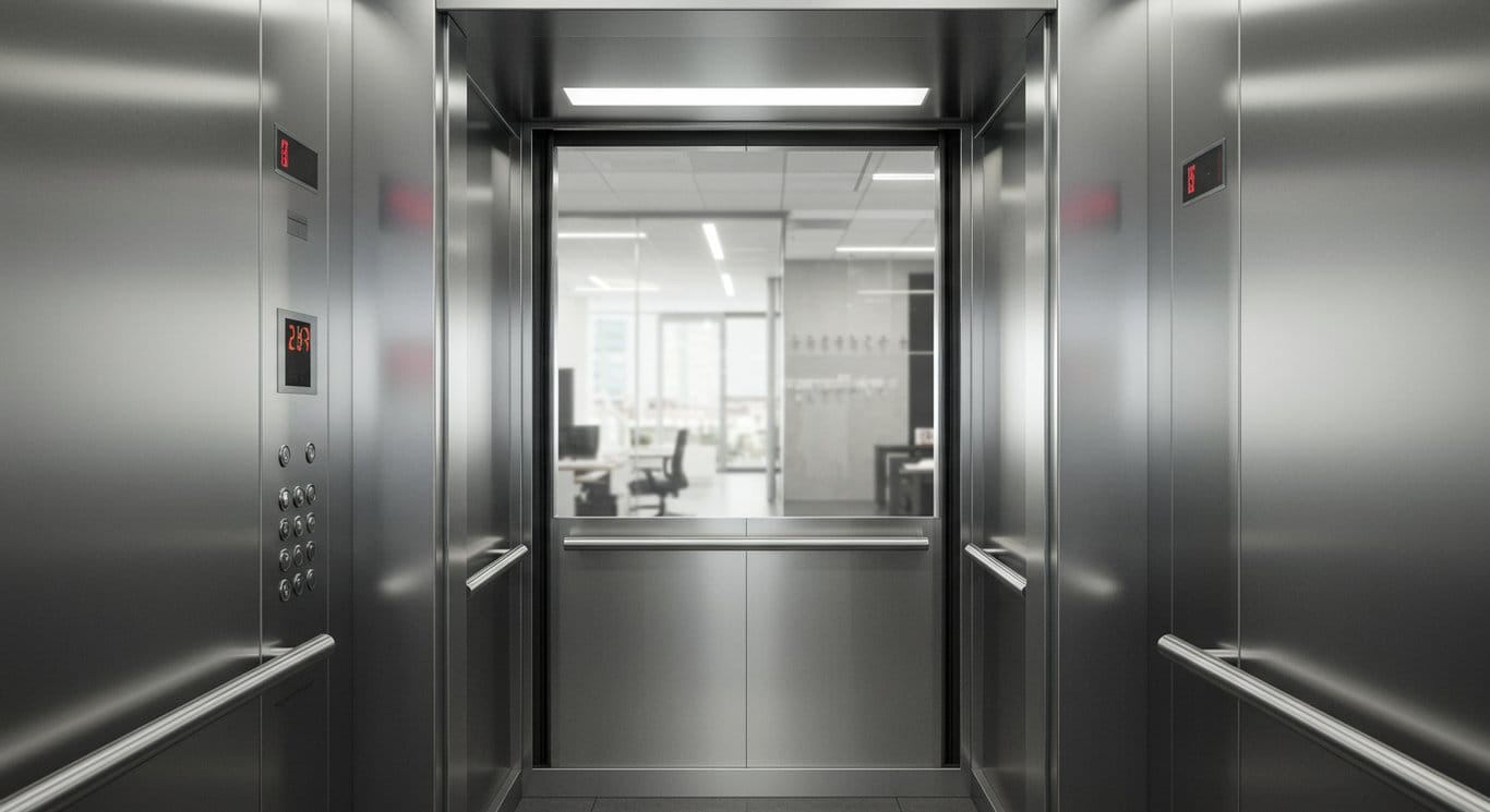 Interior view of a modern elevator with open doors, hinting at a bustling office environment.