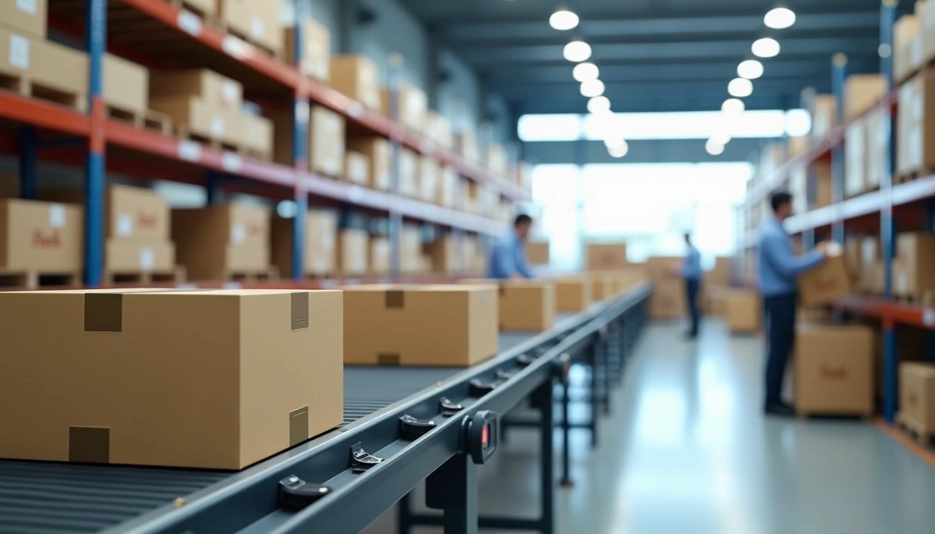 Modern distribution warehouse with packages and workers, showcasing logistics efficiency.