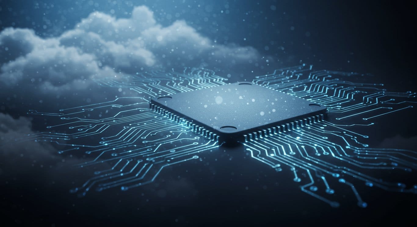 Abstract circuit board with cloud background representing AI and cloud computing.