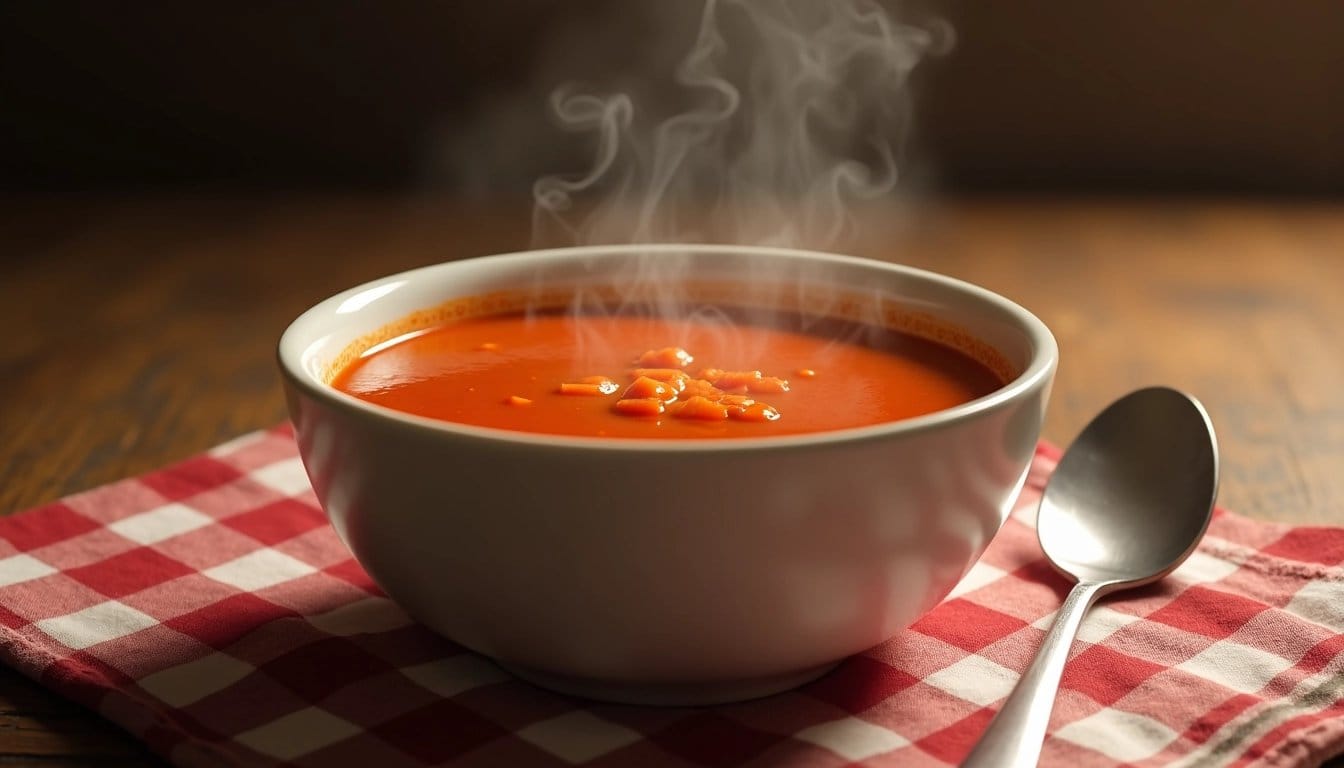 Bowl of Campbell's tomato soup on a wooden table.