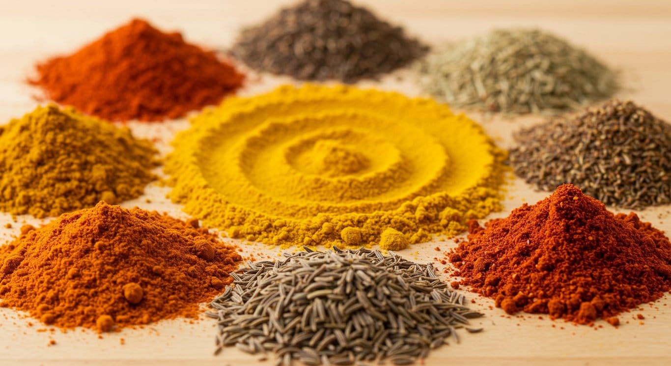 Assorted colorful spices on a wooden surface.