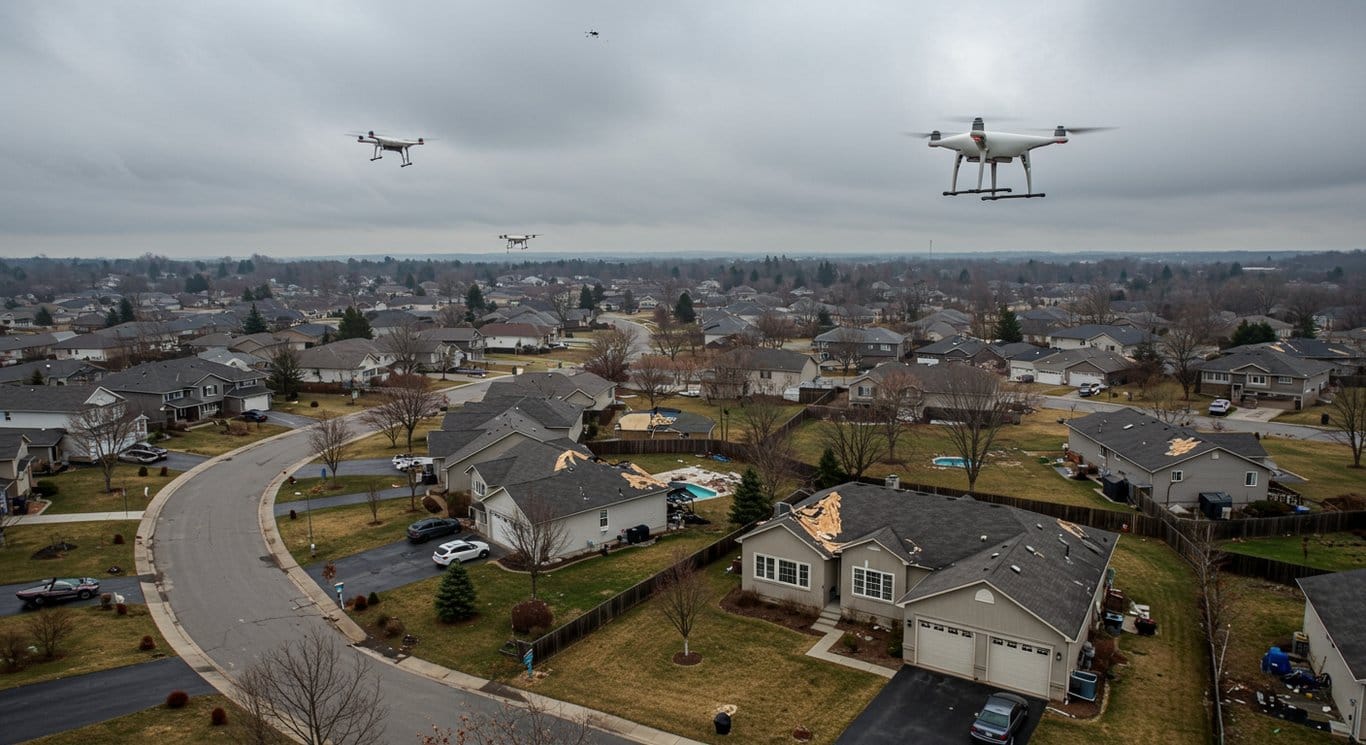 Drones inspecting storm-damaged houses in a suburban neighborhood.