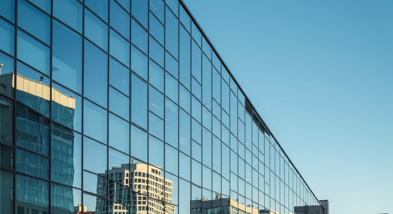 Modern office building reflecting a city skyline.