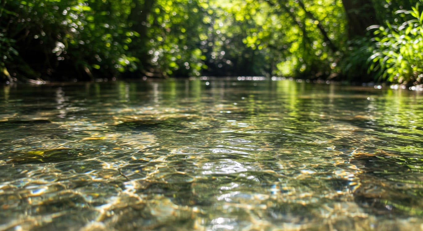 Clean, rippling water in a sunlit stream, symbolizing water purity and sustainability.