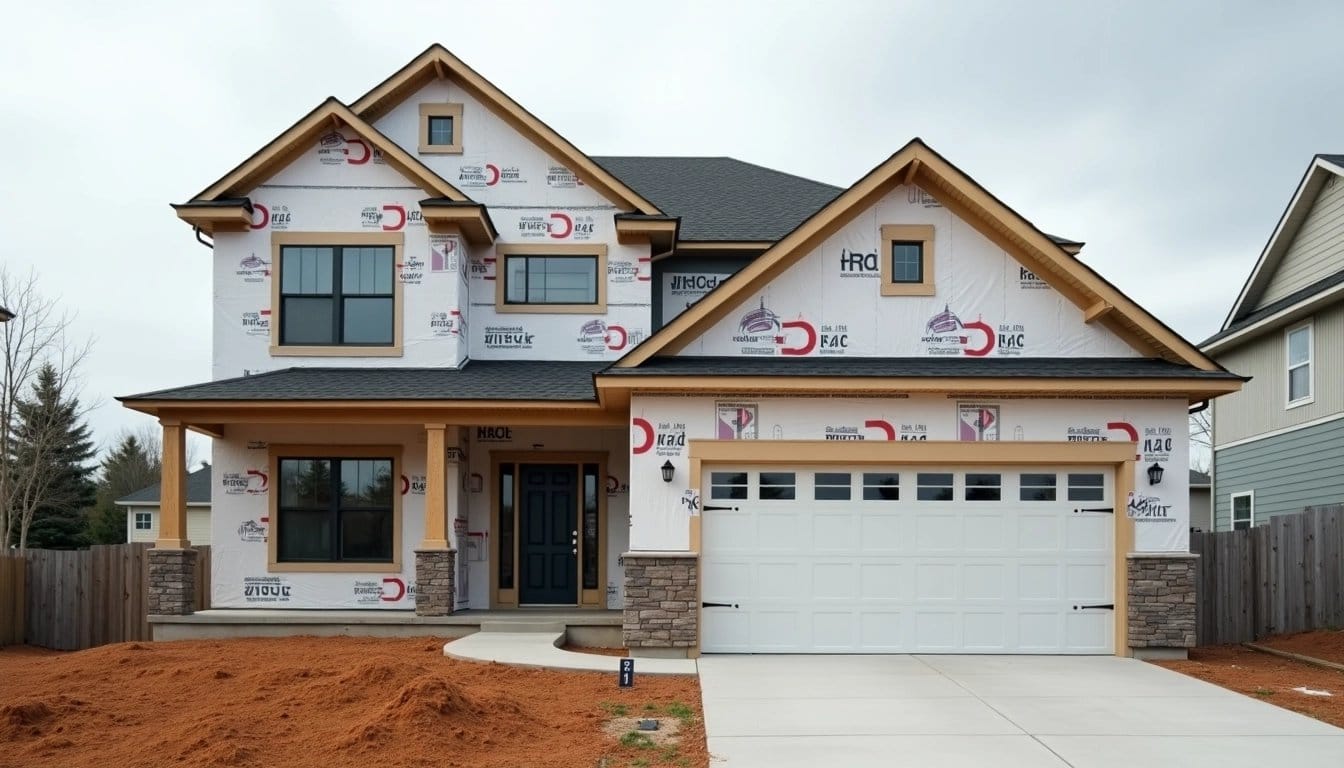 A suburban home under construction, emphasizing progress and building materials.