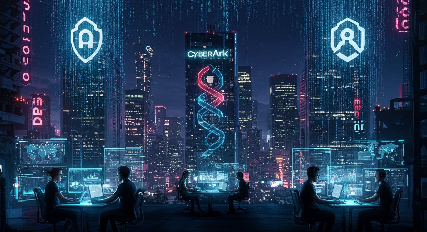 CyberArk and Zilla Security logos atop futuristic skyscrapers in a neon-lit cityscape, symbolizing their integrated cybersecurity solutions.