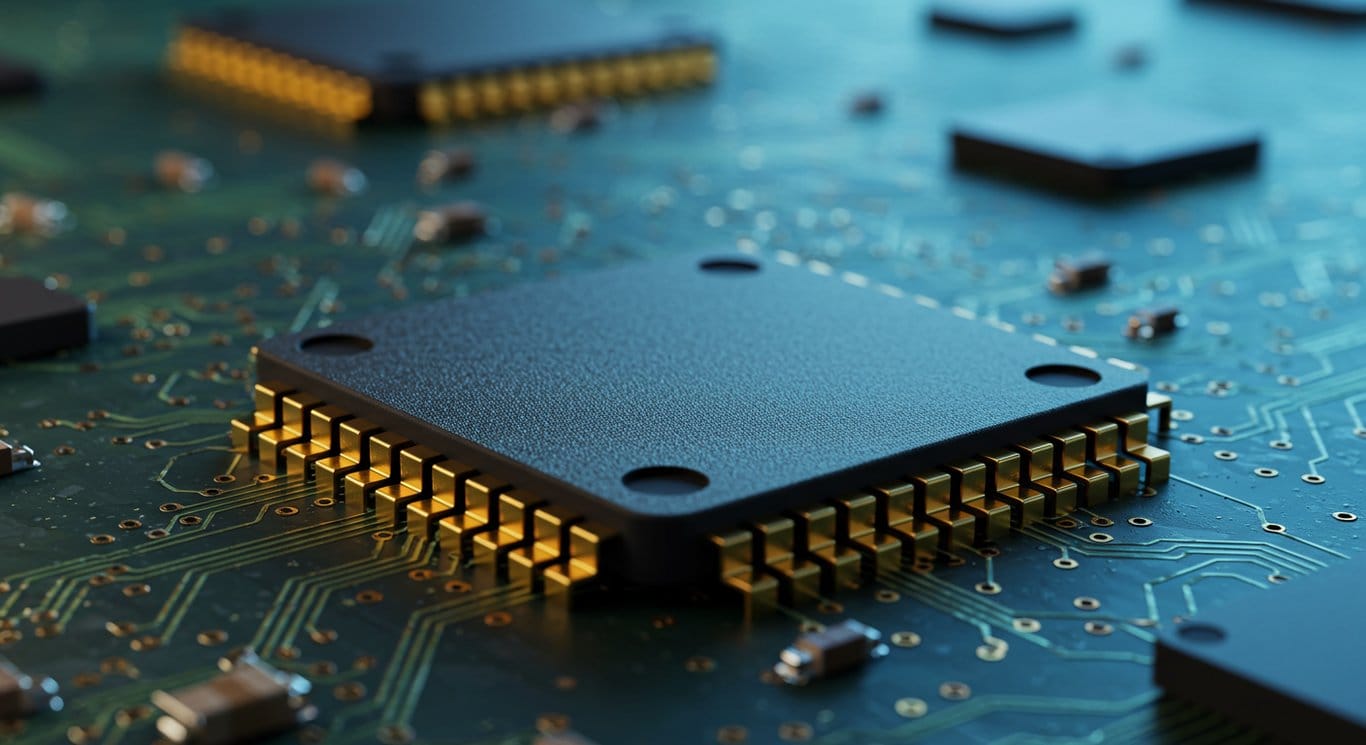 Close-up of a microchip on a motherboard, representing technological advancement in semiconductors.