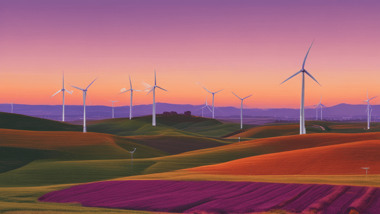 Duke Energy renewable energy investments: wind turbine farm at sunset.