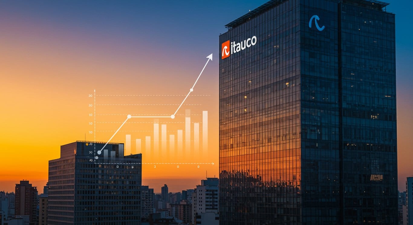 Itaú Unibanco skyscraper at sunset with financial growth indicators.