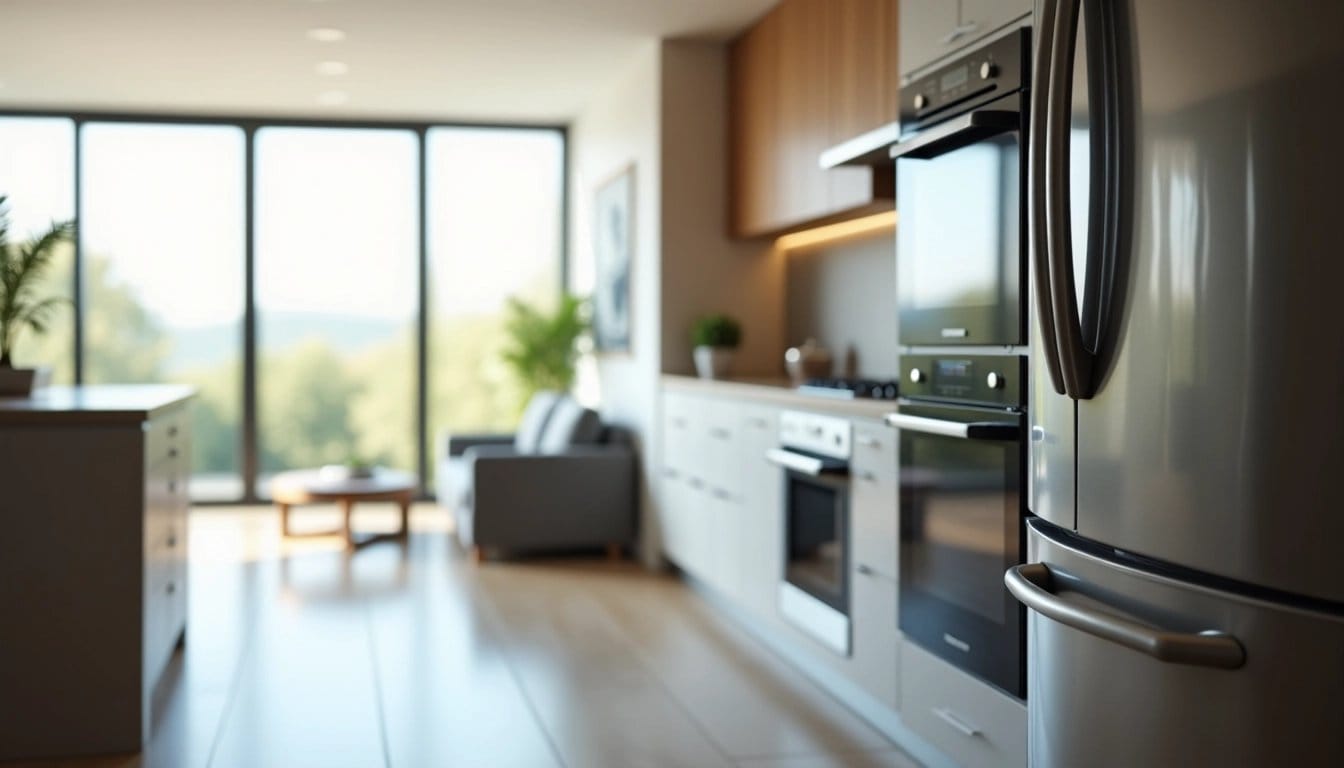 A modern, minimalist kitchen with stainless steel appliances and natural light.