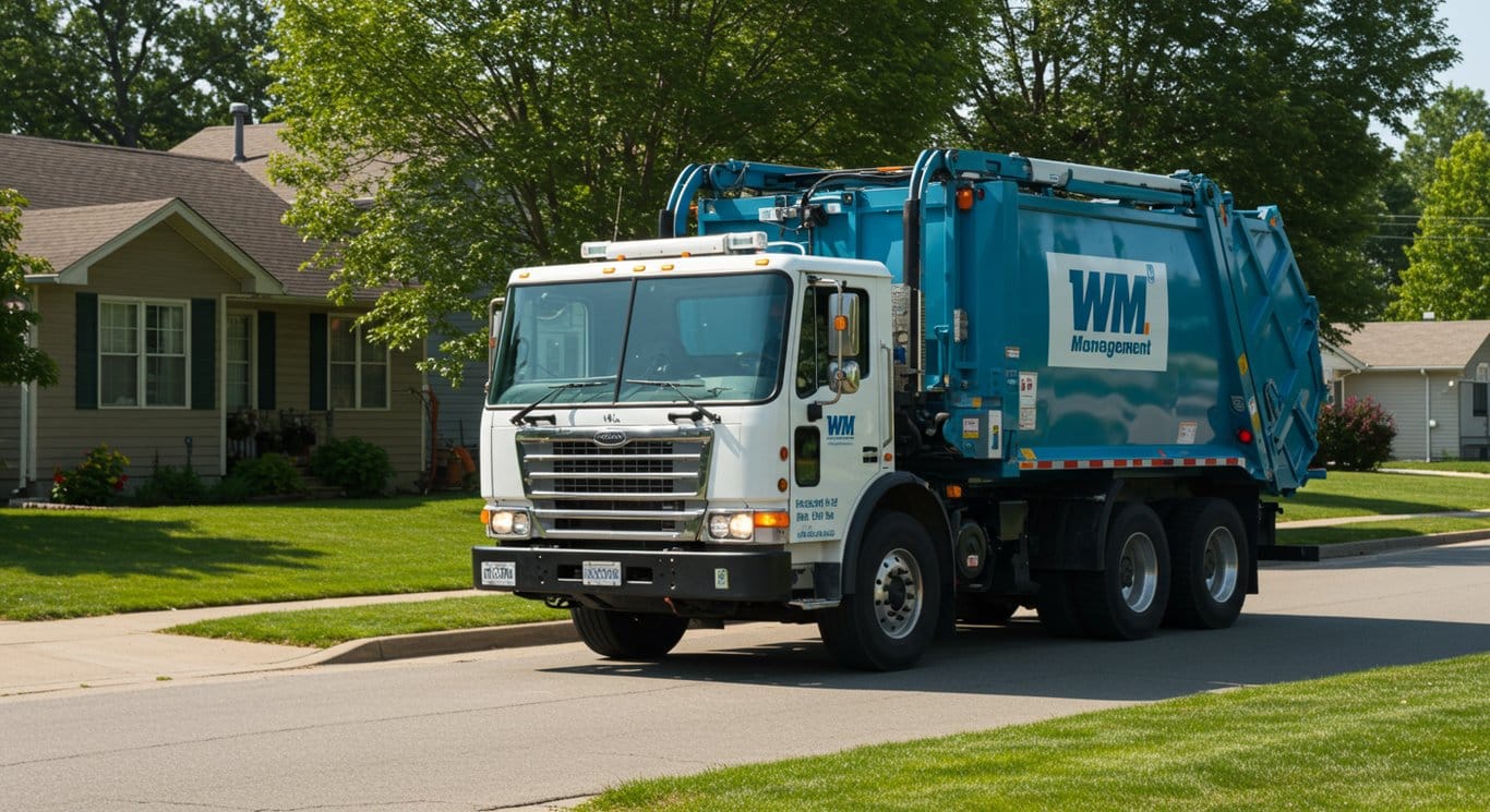 Waste Management truck driving in a residential area.