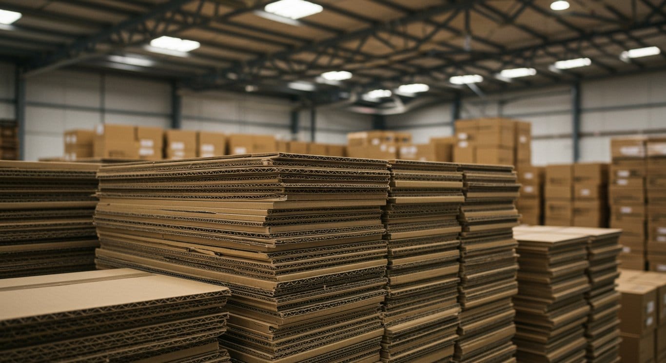 Stacked cardboard boxes in a warehouse.