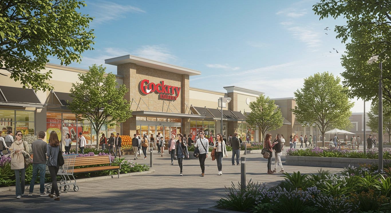 Modern open-air shopping center with a prominent grocery store anchor, showcasing a vibrant retail environment.