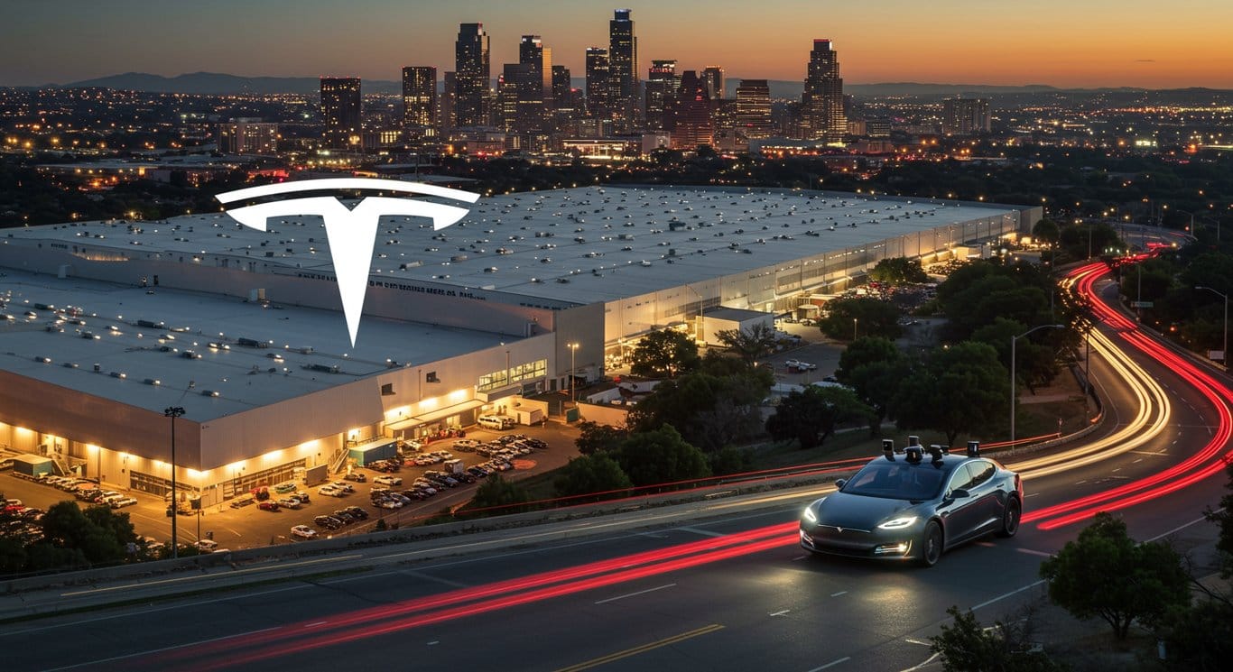 Tesla logo over a depiction of Shanghai Megapack factory and Austin FSD launch.