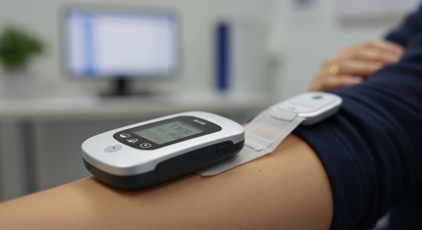 Close-up of a continuous glucose monitor on a person's arm in a medical setting.