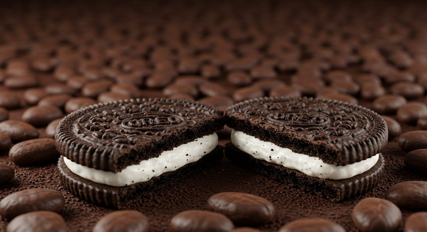 Split Oreo cookie with cocoa bean background