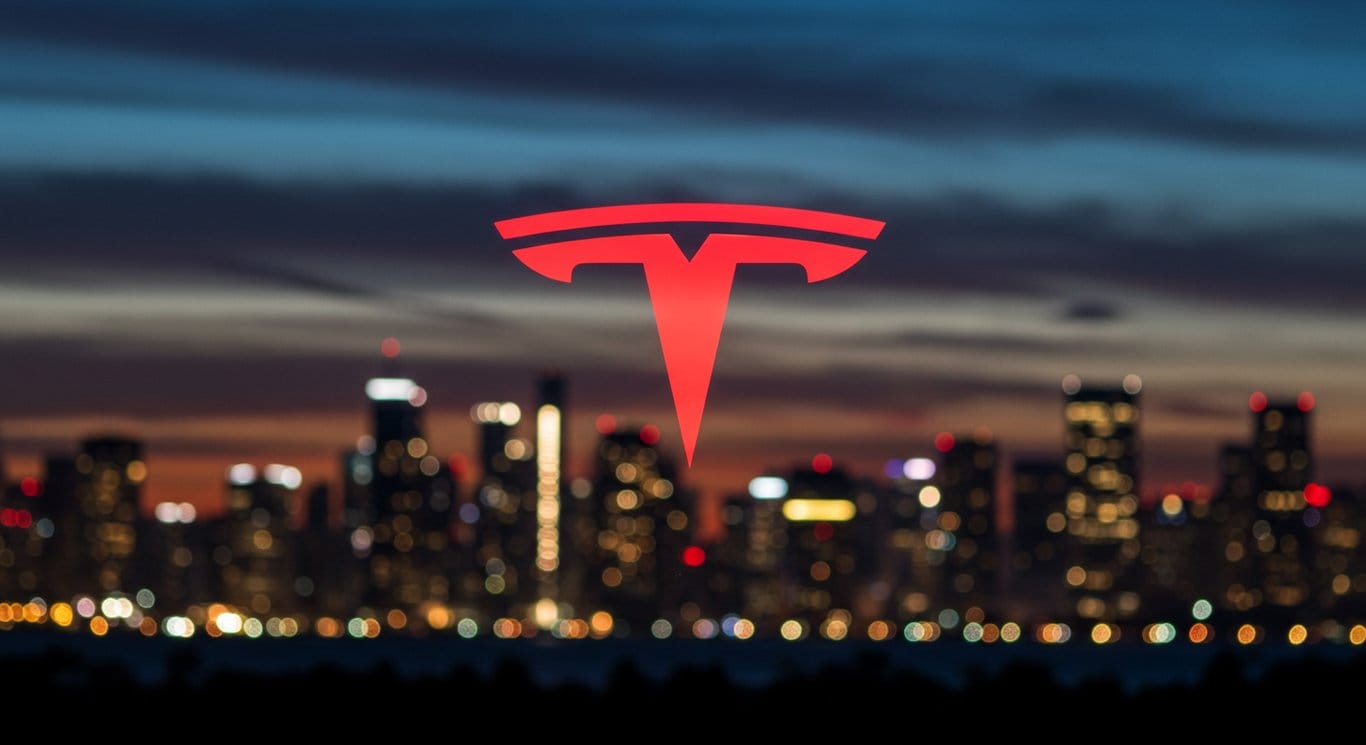 Tesla logo with a backdrop of city skylines representing Tesla's global reach.