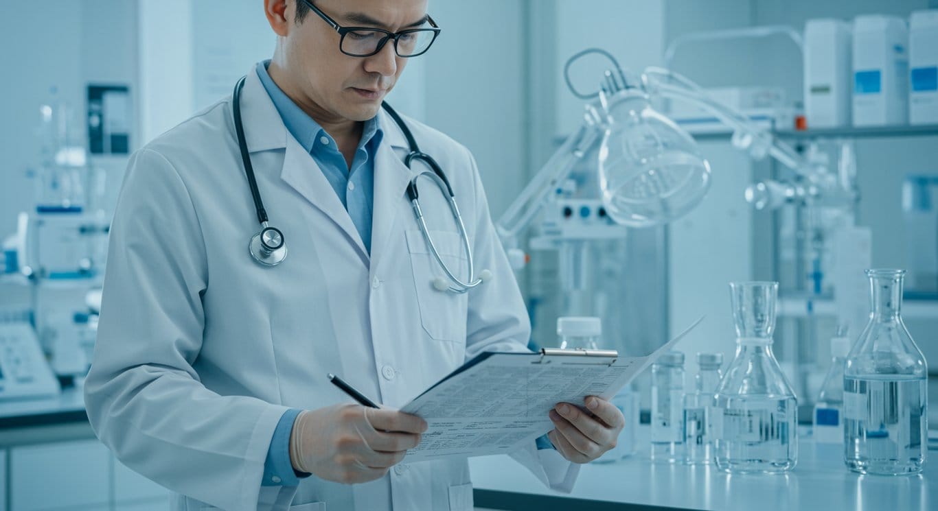 Doctor reviewing medical charts in a lab setting.