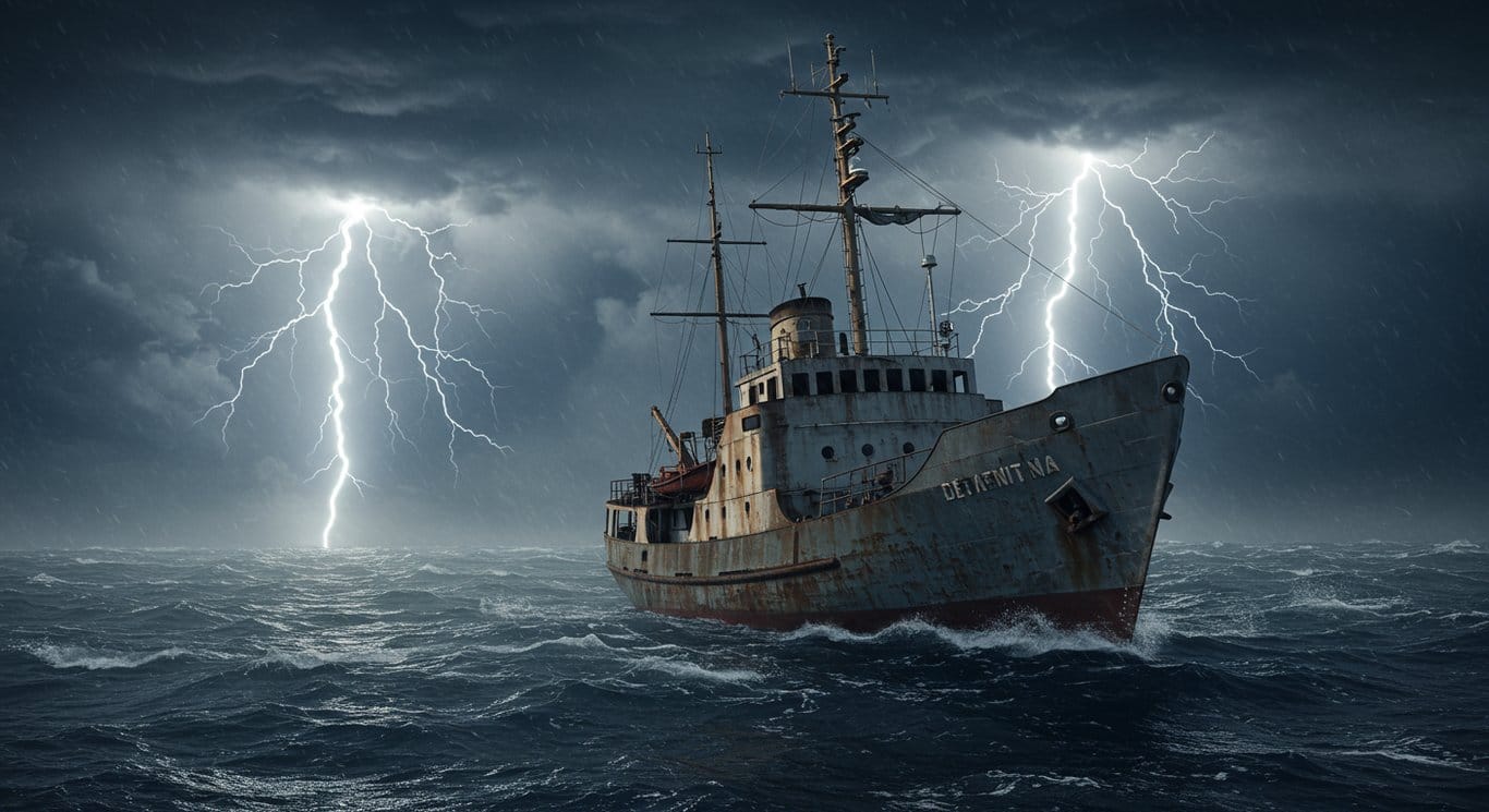 A weathered ship navigates a stormy sea, symbolizing resilience amid challenges.