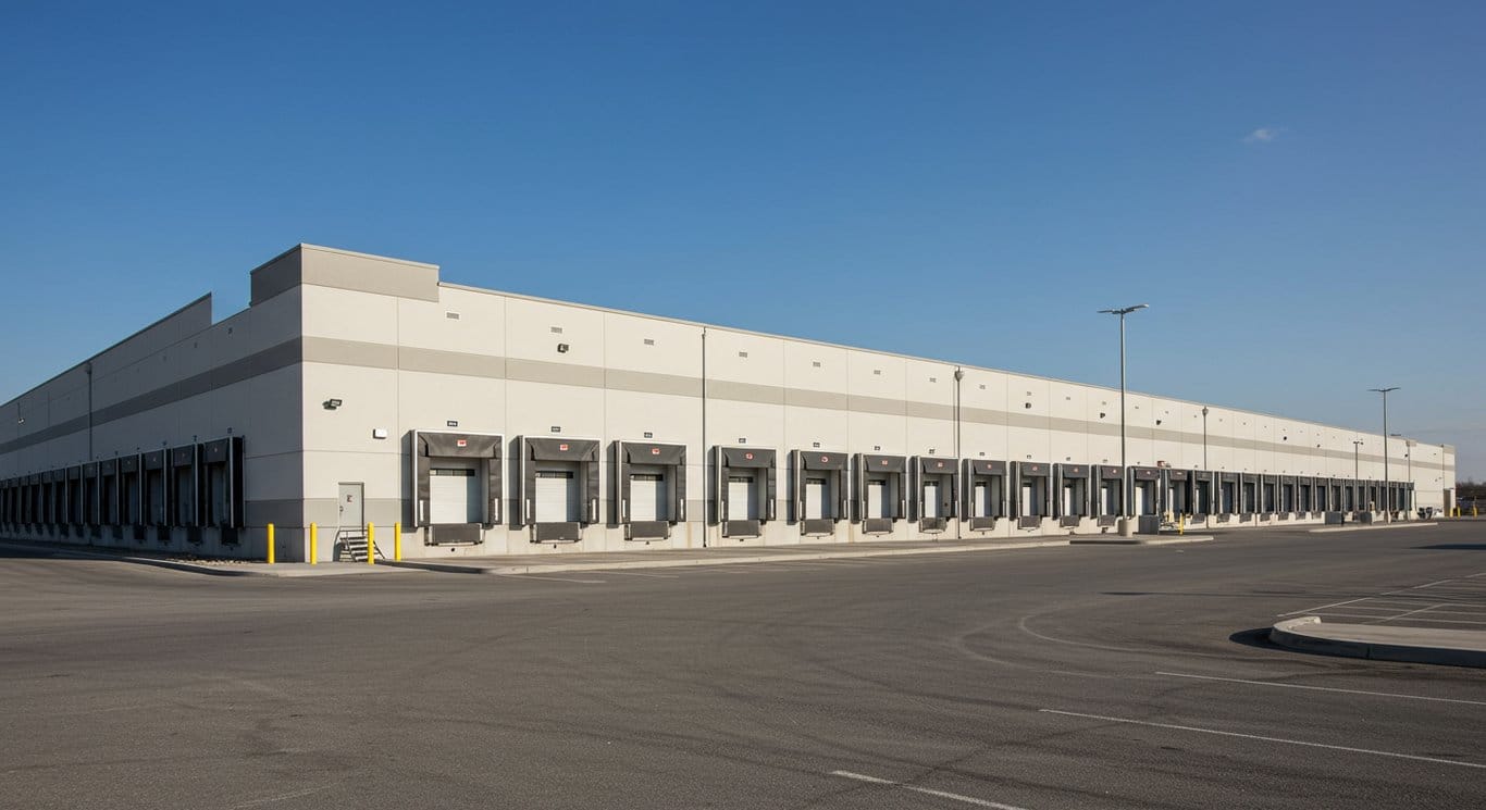 Modern warehouse with loading docks against a blue sky.