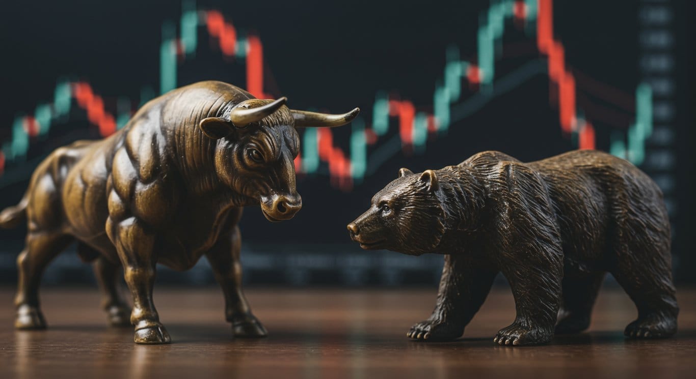 Stylized bull and bear figurines representing the stock market, set against a blurred financial chart background.