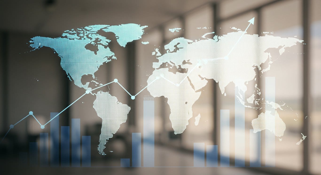 Abstract financial growth concept. World map backdrop with an overlay of a financial growth symbol with an office building in the foreground.