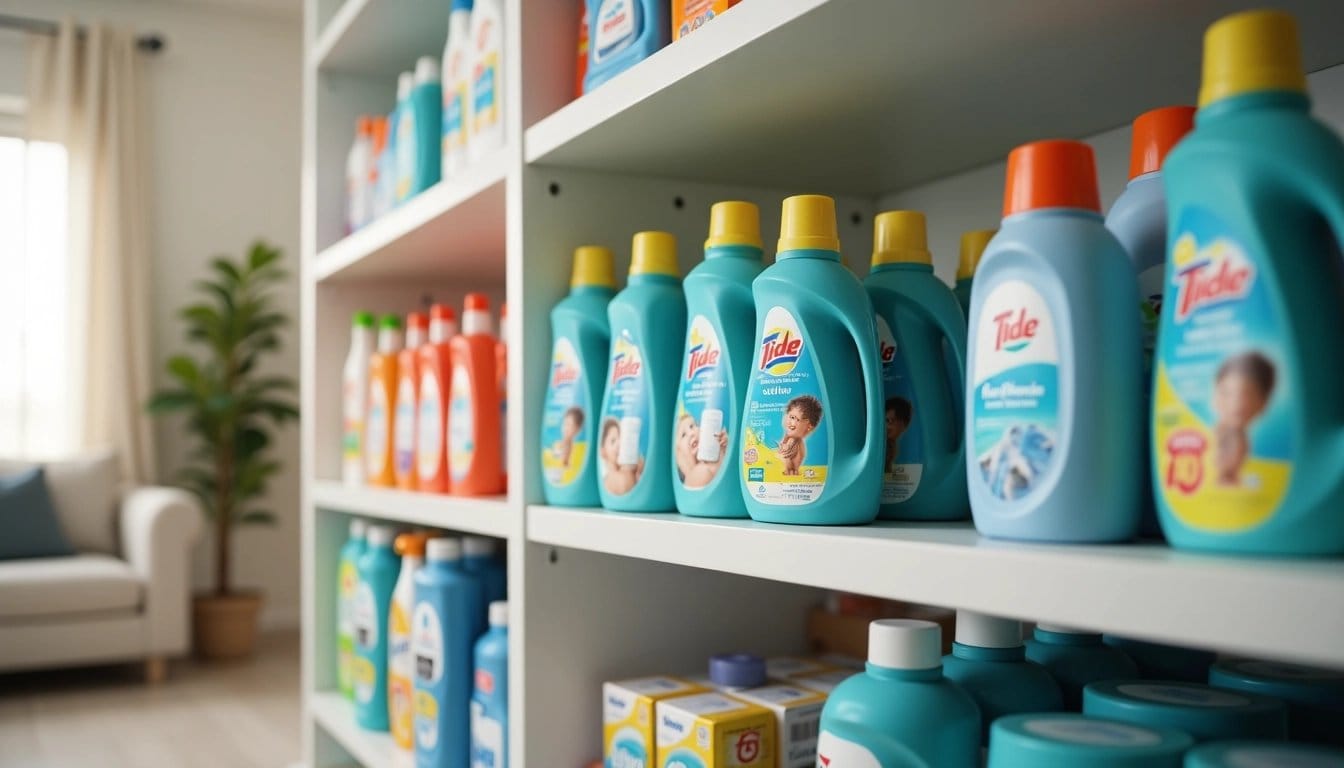 A curated display of Procter & Gamble products on a shelf in a modern home setting.