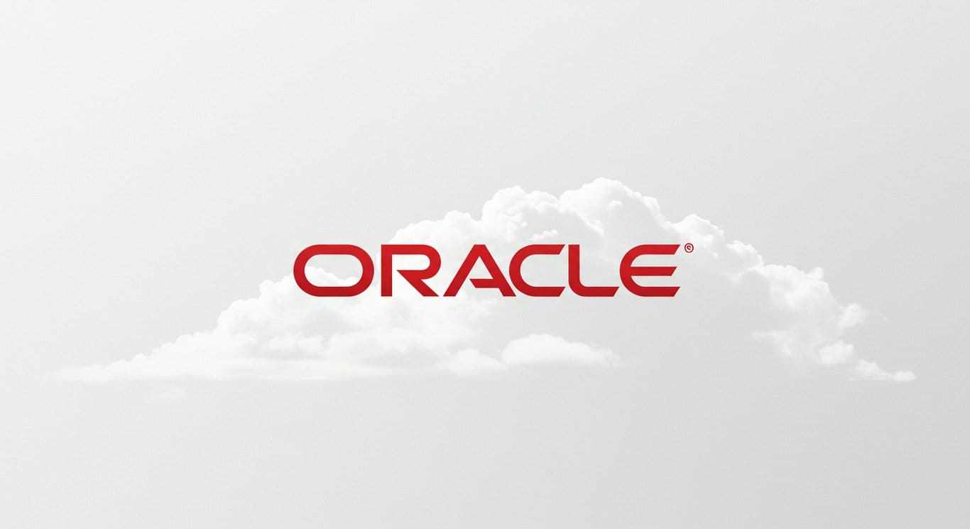 Oracle logo reflecting a cloudscape, symbolizing Oracle's cloud technology.