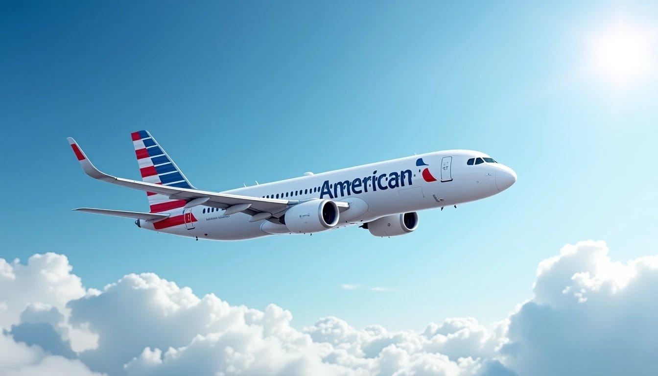 American Airlines airplane flying in a blue sky with clouds.