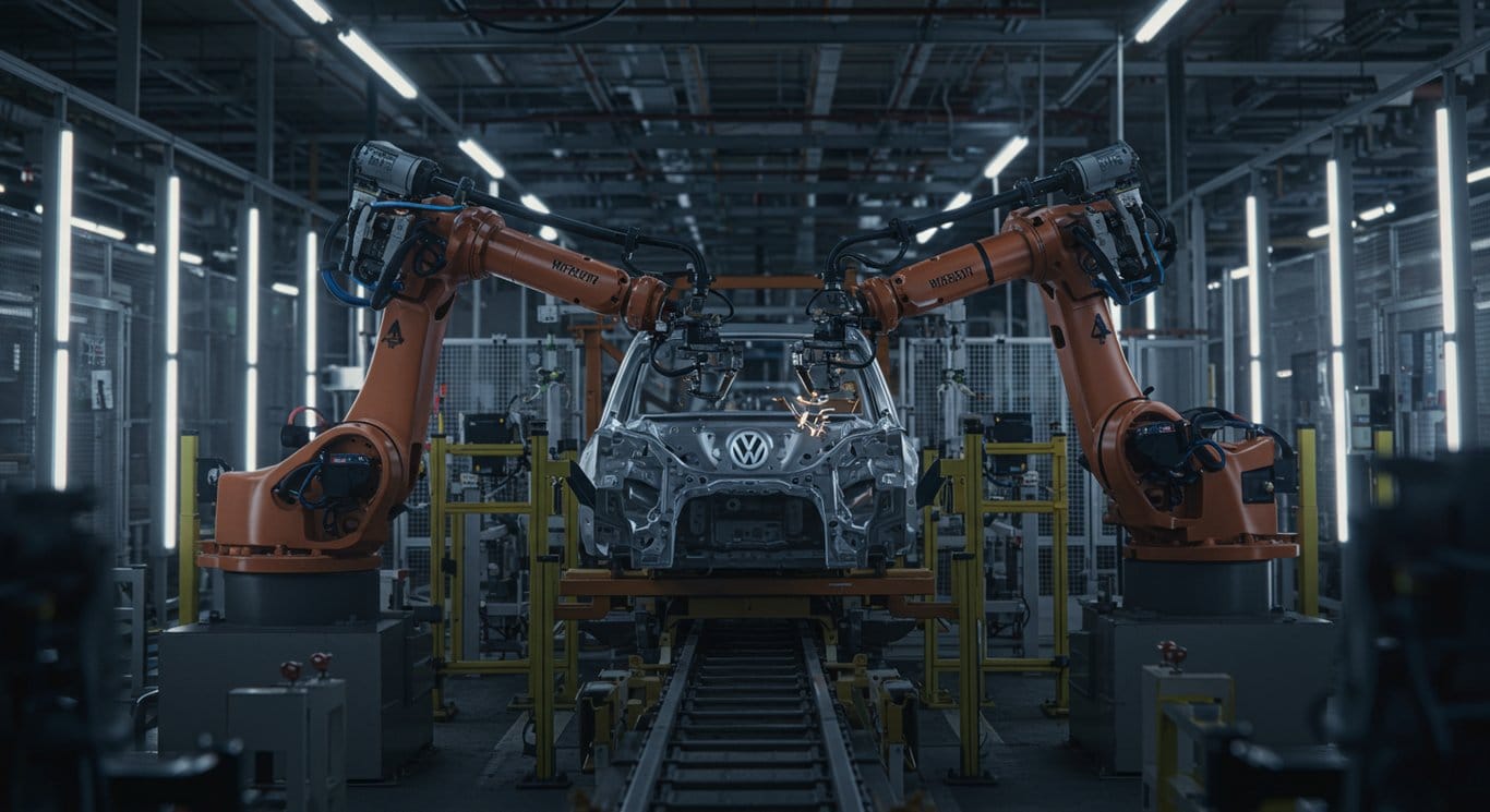 Robotic arm welding a car chassis on a Volkswagen assembly line.