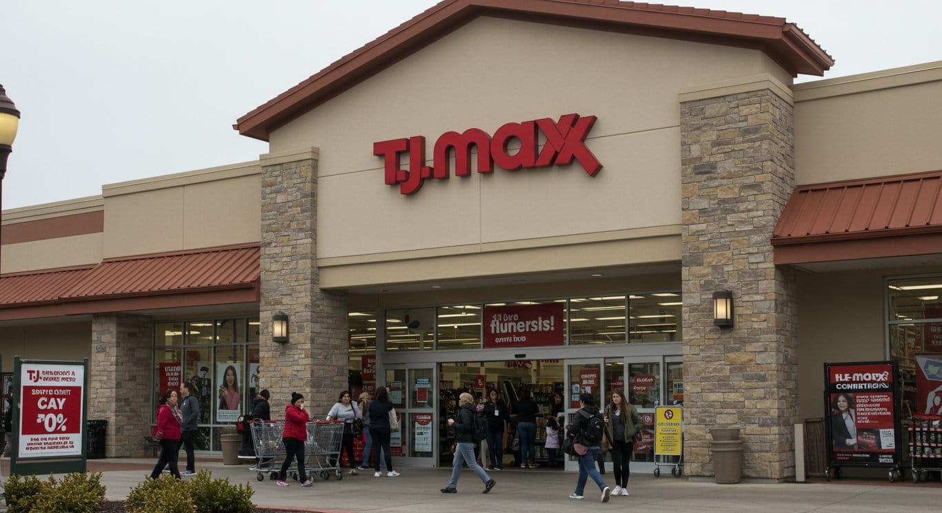 Exterior of a busy T.J. Maxx store in a suburban shopping center.