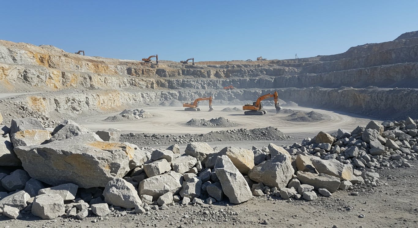 Overview of a quarry with heavy machinery operating.