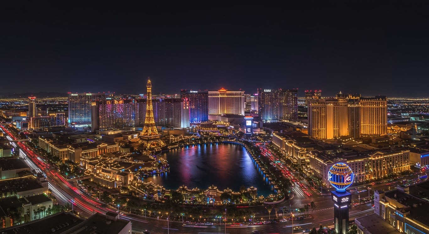 Night view of the Las Vegas strip featuring MGM Grand, symbolizing the city's vibrant hospitality and entertainment industry.