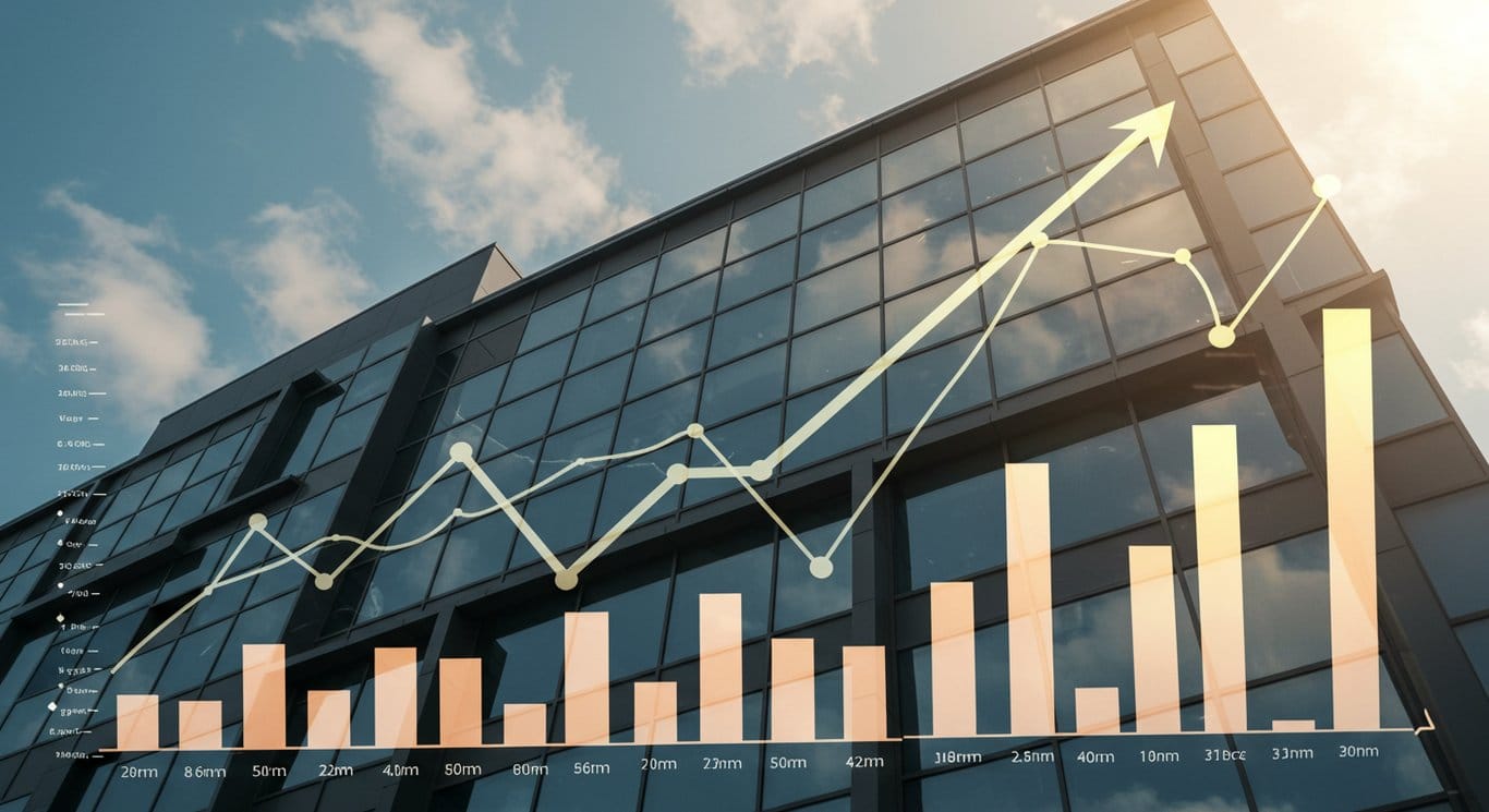 Financial building with ascending graph lines, representing growth.