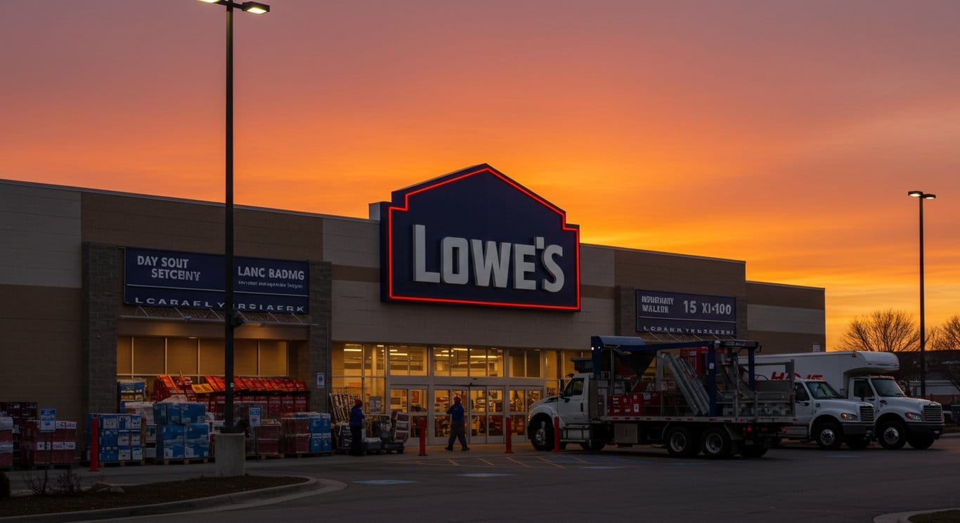 Lowe's store exterior at dawn, showcasing the focus on professional customers.