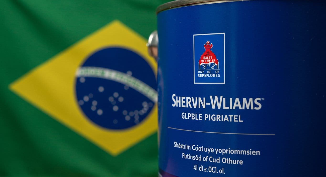 Sherwin-Williams paint can with a Brazilian flag background, representing the company's expansion into Brazil.