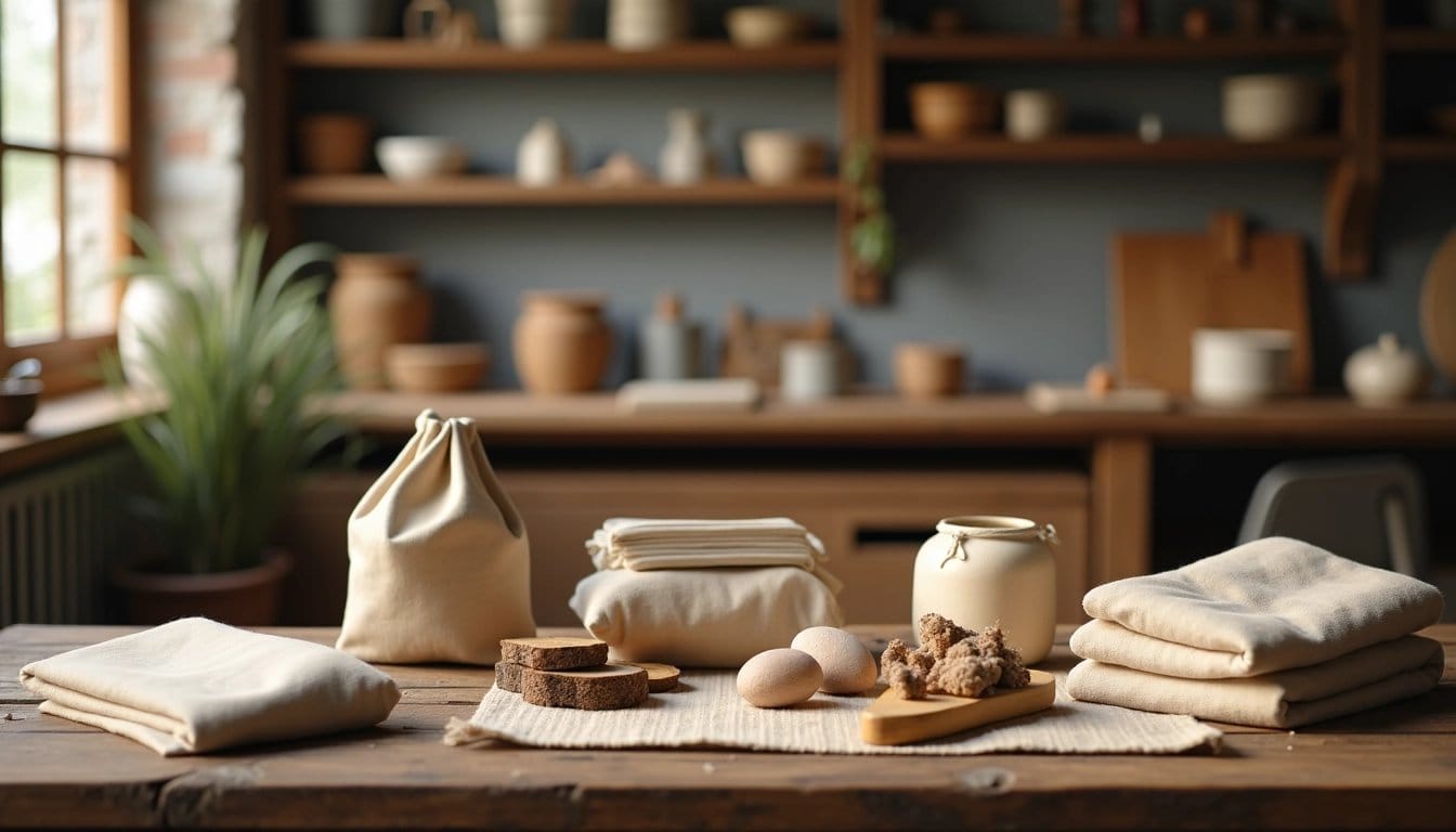 Handmade goods displayed on a rustic wooden table.