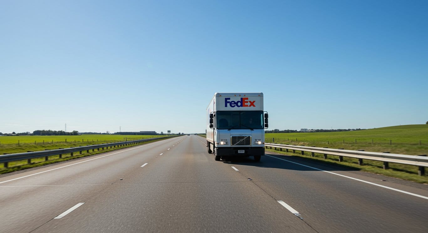 FedEx truck driving on a sunny highway.