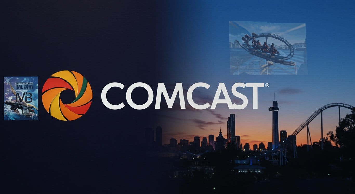 Comcast logo with a blurred background representing its core business areas: broadband, media, and theme parks.