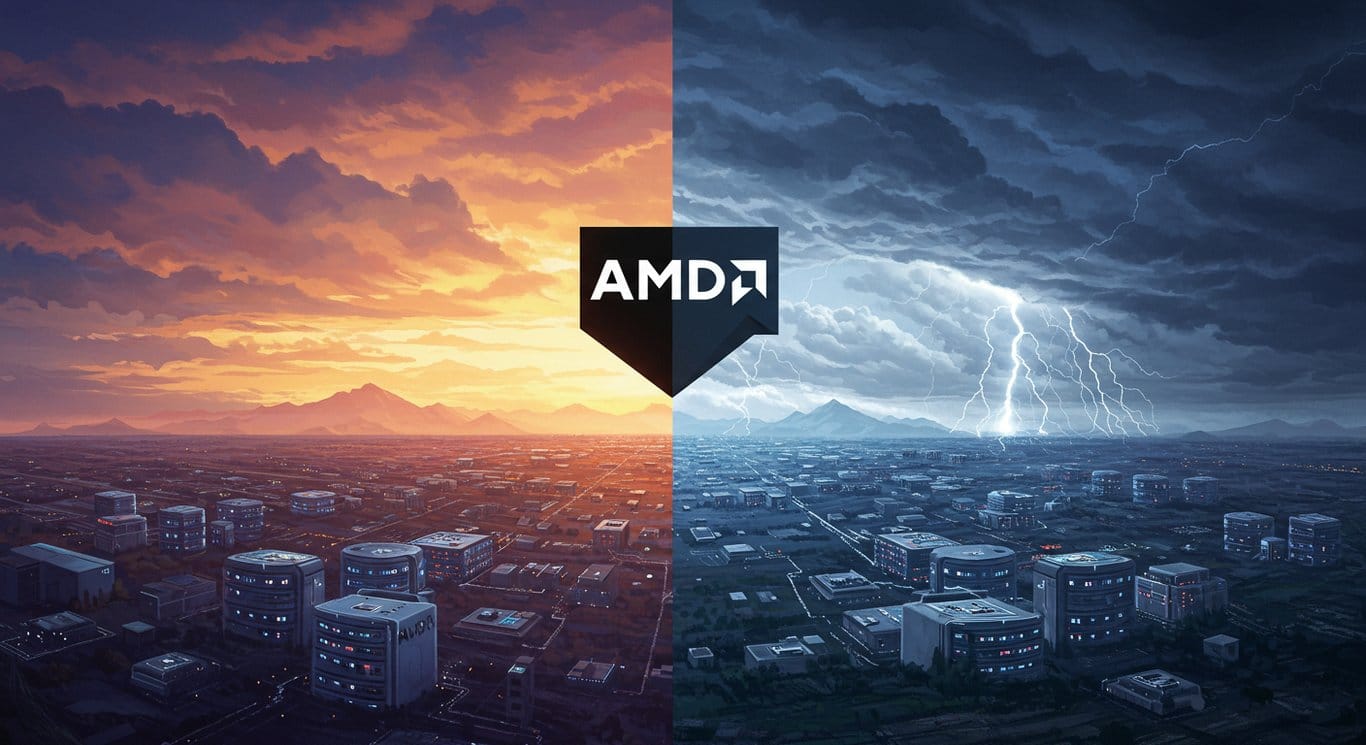 AMD logo rising from a landscape symbolizing the company's challenges and opportunities in the semiconductor market, with a divided sky representing optimism and uncertainty.