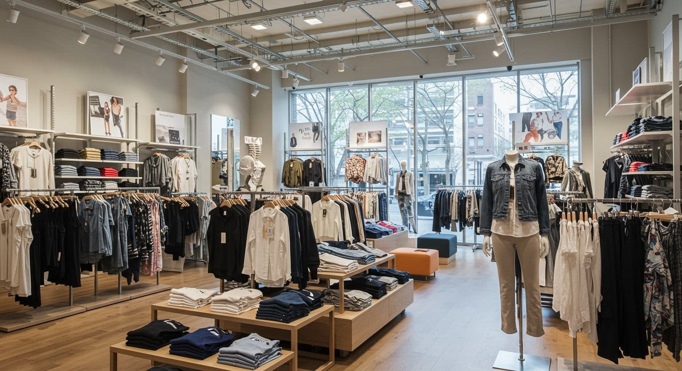 Bright and inviting clothing store interior with various apparel displayed.